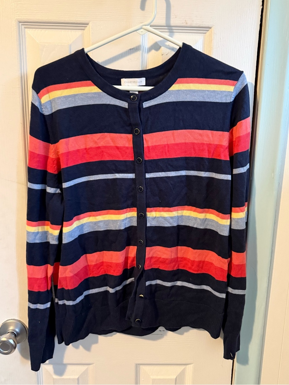 Charter Club Navy Stripe Button-Front Cardigan with Red, Yellow and Gray Accents